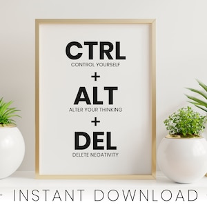 Peut inclure: Une affiche de motivation avec un fond blanc et du texte noir. Le texte dit "CTRL + ALT + DEL" avec les mots "CONTROL YOURSELF", "ALTER YOUR THINKING", et "DELETE NEGATIVITY" en dessous de chaque mot. L'affiche est encadrée d'un cadre doré et est posée sur une surface blanche.