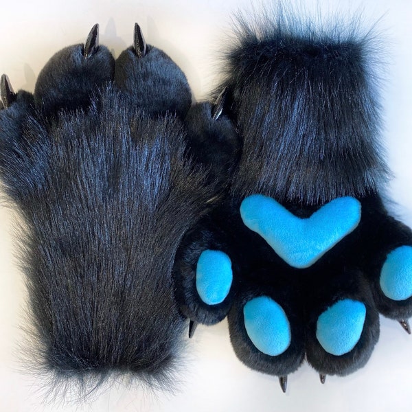 Black Blue Fur Paws With Claws Fursuit Hand Paws Cat Paws Furry Fursuit Paws Gloves Handpaws pre-made
