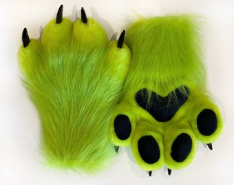 Green Blacj Fur Paws With Claws Fursuit Hand Paws Cat Paws Furry Fursuit Paws Gloves Handpaws