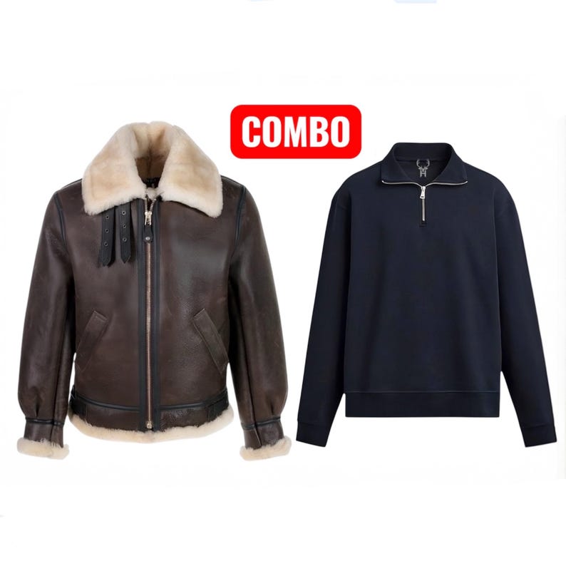 Pode incluir: Uma jaqueta de couro marrom com gola e punhos de pele de carneiro creme &eacute; exibida ao lado de um moletom azul marinho com z&iacute;per. A palavra "COMBO" est&aacute; em um ret&acirc;ngulo vermelho.