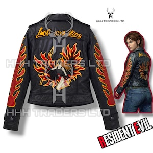 May include: A black leather jacket featuring red and yellow flame patterns on the sleeves and back. The back displays a graphic of a character with a spear surrounded by flames and the text Let me live. The brand HHH TRADERS LTD is visible.