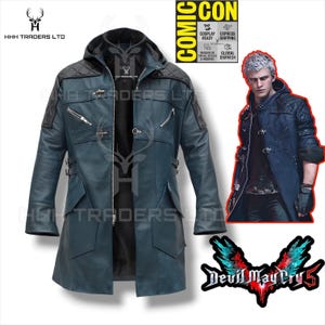May include: A teal and black leather jacket with a hood, zippers, and buckles. The jacket features a diamond-stitched pattern on the shoulders and hood. The image also includes a graphic of a person wearing a similar jacket and the "Devil May Cry 5" logo.