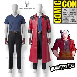 May include: Two cosplay outfits are presented on mannequins. One comprises a blue v-neck shirt, black trousers, a belt with a gold buckle, and burgundy gloves. The other features a long red coat with black detailing, matching the shirt, trousers, belt, and gloves. A "Comic Con" graphic is visible.