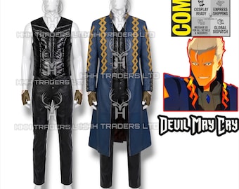 Vergil DMC Anime Full Set Cosplay | Royal Blue Leather Trench Coat, Chevron Quilted Vest, Ribbed Biker Pants & Gloves Devil May Cry Cosplay
