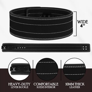 Peut inclure: Ceinture d'halt&eacute;rophilie noire, 10 cm de large, avec coutures blanches. Comprend une boucle &agrave; levier robuste et un int&eacute;rieur en daim confortable. Fabriqu&eacute;e en cuir de 10 mm d'&eacute;paisseur.