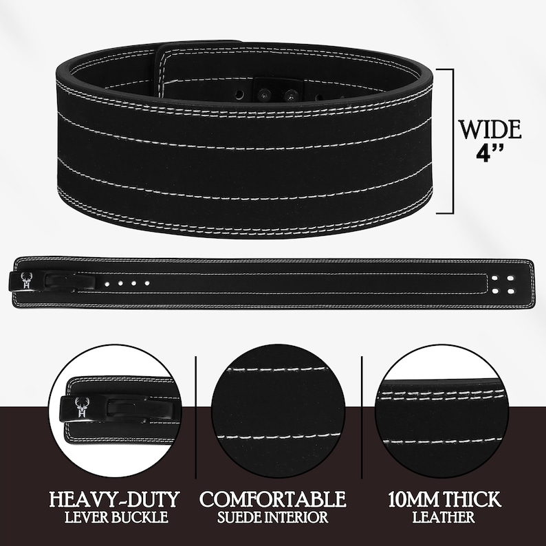 Peut inclure: Ceinture d'halt&eacute;rophilie noire, 10 cm de large, avec coutures blanches. Comprend une boucle &agrave; levier robuste et un int&eacute;rieur en daim confortable. Fabriqu&eacute;e en cuir de 10 mm d'&eacute;paisseur.