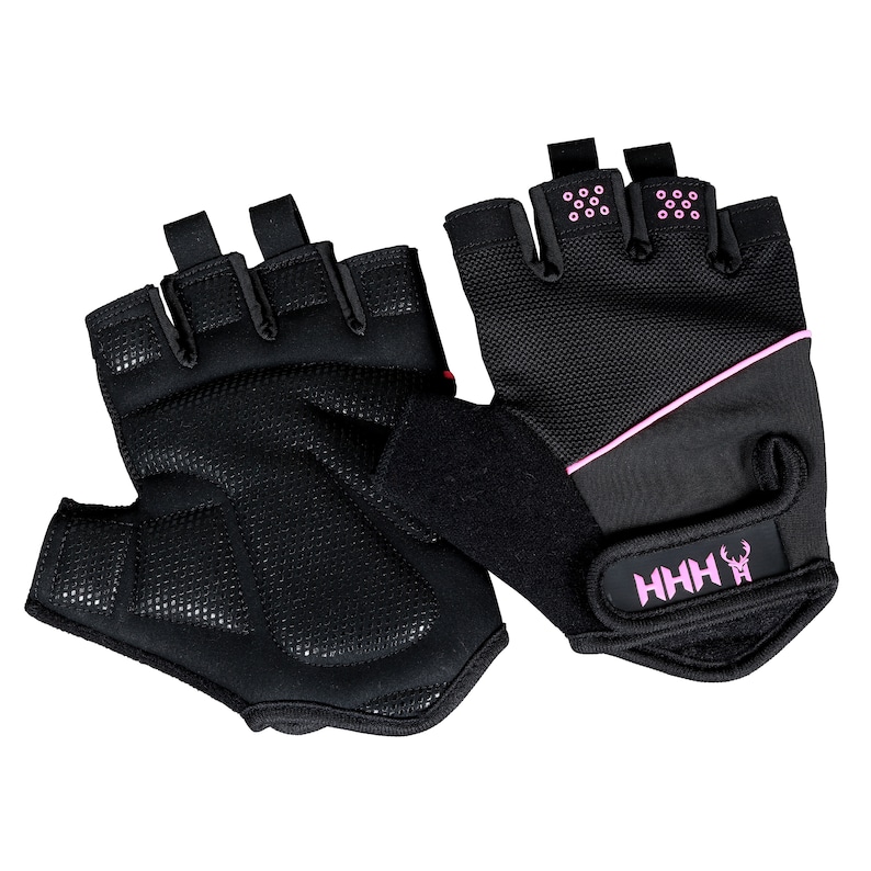 May include: Black weightlifting gloves with pink accents. The gloves have a padded palm, fingerless design, and a hook-and-loop wrist closure. The brand logo "HHH" is printed in pink on the wrist strap. The gloves are designed for fitness and weight training.