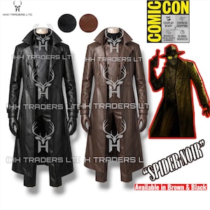 May include: A long trench coat available in black or brown, featuring a double-breasted front with buttons, a wide collar, and matching gloves. The image includes text reading COMIC CON, SPIDER-NOIR, and HHH TRADERS LTD, alongside a character illustration.