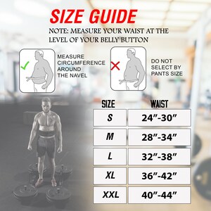 Peut inclure: Guide des tailles pour une ceinture d'halt&eacute;rophilie. Instructions de mesure de la taille et tableau des tailles de 61 cm &agrave; 112 cm. Une personne porte la ceinture. Le texte indique "GUIDE DES TAILLES".