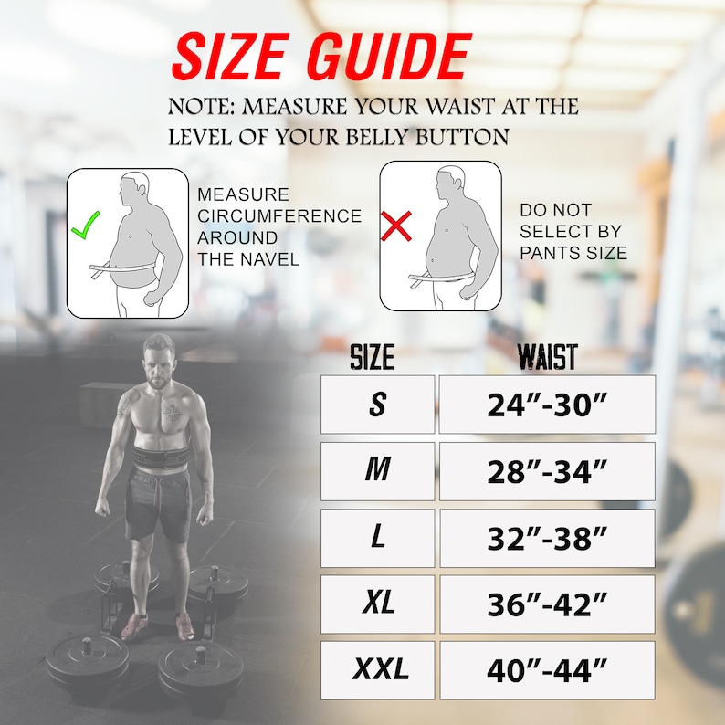 Peut inclure: Guide des tailles pour une ceinture d'halt&eacute;rophilie. Instructions de mesure de la taille et tableau des tailles de 61 cm &agrave; 112 cm. Une personne porte la ceinture. Le texte indique "GUIDE DES TAILLES".
