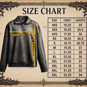Pode incluir: Tabela de tamanhos para um pul&ocirc;ver de l&atilde; polar cinza escuro com fecho de z&iacute;per de um quarto. A tabela lista tamanhos de 4XS a 5XL, com medidas de peito em cm variando de 38,7 a 81,9 cm e comprimentos de 63,5 a 86,4 cm.