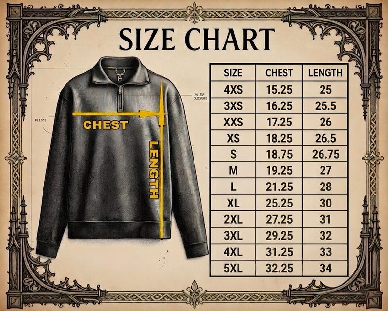 Pode incluir: Tabela de tamanhos para um pul&ocirc;ver de l&atilde; polar cinza escuro com fecho de z&iacute;per de um quarto. A tabela lista tamanhos de 4XS a 5XL, com medidas de peito em cm variando de 38,7 a 81,9 cm e comprimentos de 63,5 a 86,4 cm.