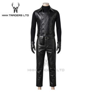 May include: A black leather outfit consisting of a double-breasted vest with buttons, a long-sleeved turtleneck shirt, matching trousers with a belt and attached pouch, and leather gloves. The HHH TRADERS LTD logo is visible in the corner.