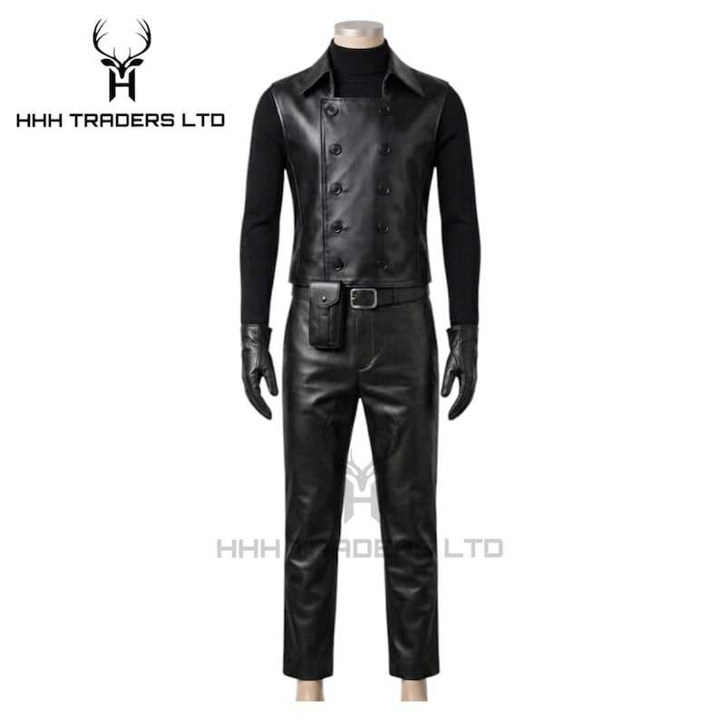 May include: A black leather outfit consisting of a double-breasted vest with buttons, a long-sleeved turtleneck shirt, matching trousers with a belt and attached pouch, and leather gloves. The HHH TRADERS LTD logo is visible in the corner.