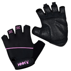 May include: Black fingerless workout gloves with pink accents. The gloves have a mesh back and a padded palm for grip. Pink dots are on the fingertips. The wrist strap features the letters "HHH" and a pink graphic.