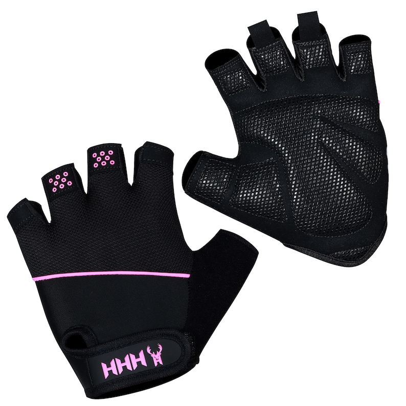 May include: Black fingerless workout gloves with pink accents. The gloves have a mesh back and a padded palm for grip. Pink dots are on the fingertips. The wrist strap features the letters "HHH" and a pink graphic.
