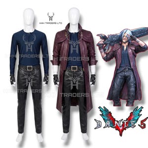 Dante Cosplay Kostüm Komplett Set -Devil May Cry 5 - Burgund Trenchcoat, Lederhose, Henley Shirt, Gürtel & Handschuhe - DMC5 Outfit