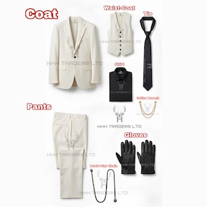 Puede incluir: Un conjunto de traje color crema con abrigo, chaleco y pantal&oacute;n. Incluye corbata, camisa y guantes negros. Los accesorios incluyen un broche de cuello y una cadena de doble punto. El texto "Coat", "Pants", "Waist-Coat", "Tie", "Shirt", y "Gloves" tambi&eacute;n es visible.