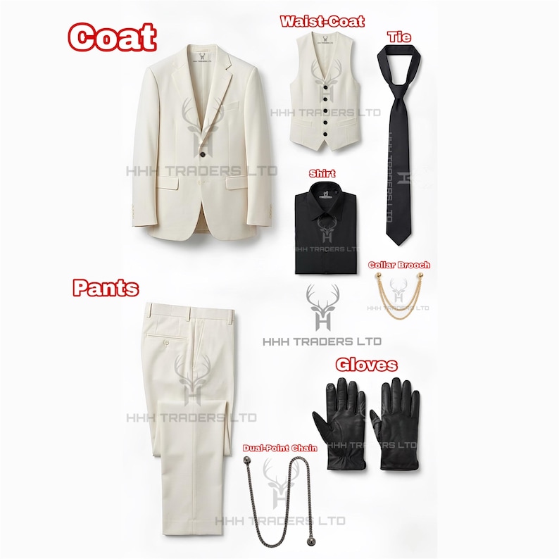 Puede incluir: Un conjunto de traje color crema con abrigo, chaleco y pantal&oacute;n. Incluye corbata, camisa y guantes negros. Los accesorios incluyen un broche de cuello y una cadena de doble punto. El texto "Coat", "Pants", "Waist-Coat", "Tie", "Shirt", y "Gloves" tambi&eacute;n es visible.