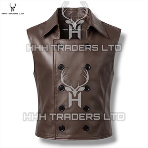 May include: A brown sleeveless leather vest featuring a double-breasted front closure with eight black buttons, a wide pointed collar, and a structured fit. The garment displays the text HHH TRADERS LTD and a deer logo watermark across the front.