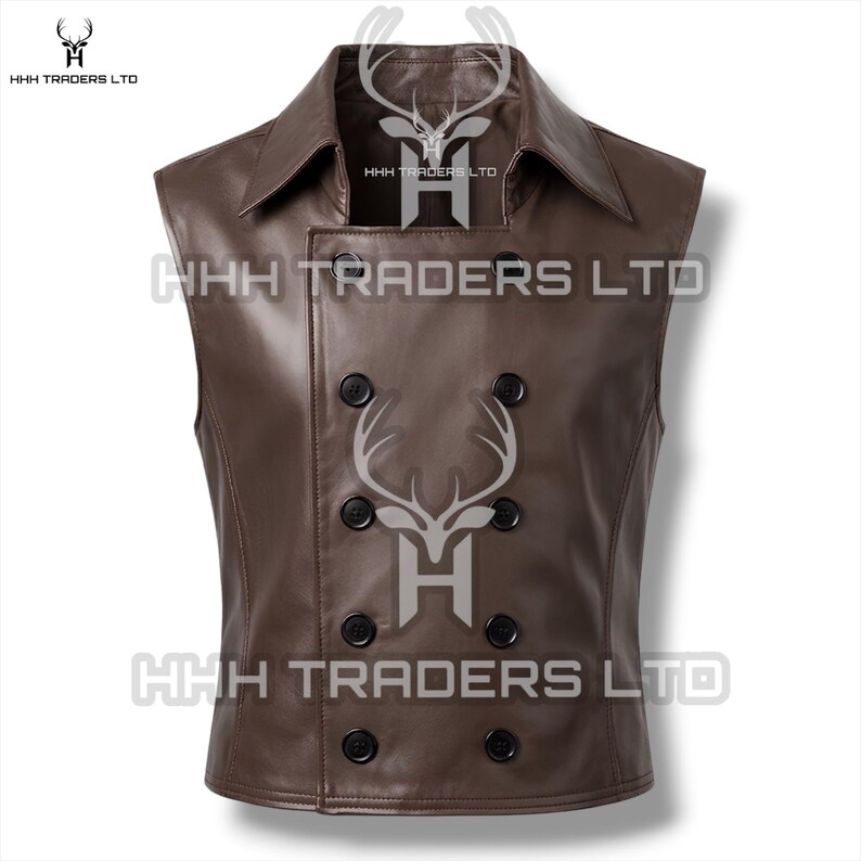 May include: A brown sleeveless leather vest featuring a double-breasted front closure with eight black buttons, a wide pointed collar, and a structured fit. The garment displays the text HHH TRADERS LTD and a deer logo watermark across the front.