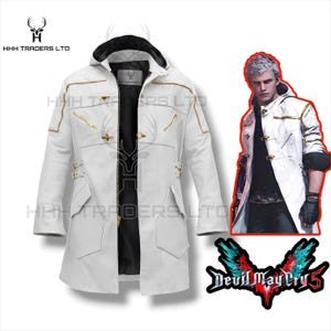 May include: White hooded jacket with gold trim and accents, featuring a black interior and a front zipper closure. The jacket has a long, tailored design with pockets. A graphic of a character and the "Devil May Cry 5" logo are also visible.