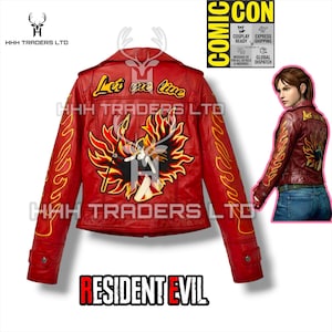 May include: A red leather jacket featuring yellow flame embroidery on the sleeves and a large back graphic of a winged figure surrounded by flames with the text Let me live. The jacket includes a collar, long sleeves with cuffs, and a front zipper.
