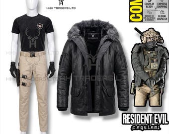Wolf Hound Squad Tactical Cosplay Set – Full Resident Evil 9 Inspired Combat Gear – Leather Parka Jacket,Shirt,Pants, Holster&Gloves RE9 RE8