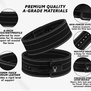 Peut inclure: Ceinture d'halt&eacute;rophilie noire avec coutures blanches et boucle &agrave; levier en acier inoxydable. La ceinture est en cuir de qualit&eacute; sup&eacute;rieure de 10 mm d'&eacute;paisseur et a un profil constant de 10.16 cm. Plusieurs trous pour le r&eacute;glage de la taille.