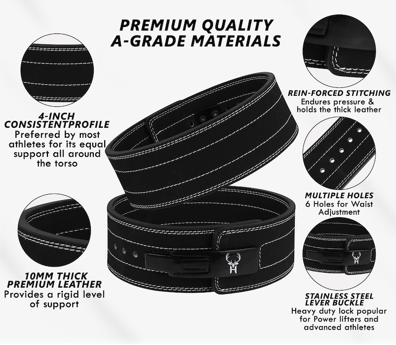 Peut inclure: Ceinture d'halt&eacute;rophilie noire avec coutures blanches et boucle &agrave; levier en acier inoxydable. La ceinture est en cuir de qualit&eacute; sup&eacute;rieure de 10 mm d'&eacute;paisseur et a un profil constant de 10.16 cm. Plusieurs trous pour le r&eacute;glage de la taille.
