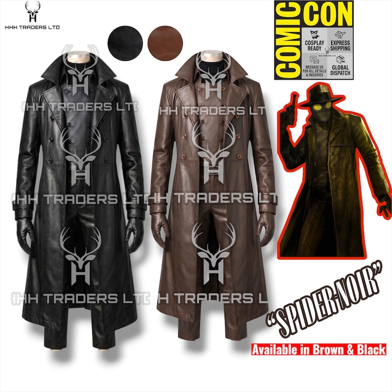 May include: A long trench coat available in black or brown, featuring a double-breasted front with buttons, a wide collar, and matching gloves. The image includes text reading COMIC CON, SPIDER-NOIR, and HHH TRADERS LTD, alongside a character illustration.