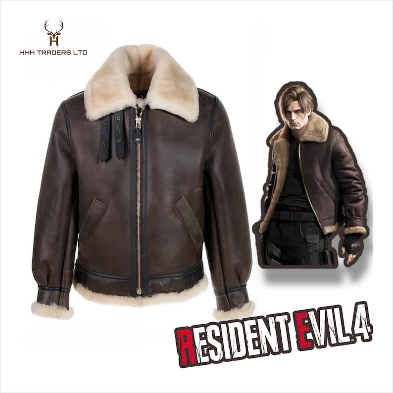 Pode incluir: Casaco de couro castanho com gola e forro de pele de ovelha creme. O casaco tem fecho de correr, dois bolsos frontais e um log&oacute;tipo no canto superior esquerdo. Um gr&aacute;fico Resident Evil 4 est&aacute; &agrave; direita.