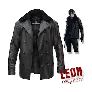 May include: A black leather jacket with a double-breasted design and a faux fur collar. The jacket features multiple buttons and a tailored fit. The image also includes a person wearing a similar jacket and the text "LEON requiem".