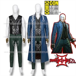 May include: A cosplay costume set featuring a long blue coat with white tribal patterns, a black textured vest, dark green trousers, and brown fingerless gloves. The set includes a character illustration and the text Devil May Cry 3.