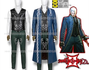 Vergil Cosplay Costume Full Set Devil May Cry 3 DMC3 -Leather Trench Coat, Padded Vest, Snake Skin Textured Pants & Gloves -Handmade Outfit