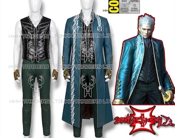 Vergil Cosplay Costume Full Set Devil May Cry 3 DMC3 -Leather Trench Coat, Padded Vest, Snake Skin Textured Pants & Gloves -Handmade Outfit