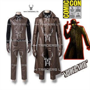 May include: A brown leather costume set including a double-breasted vest, trousers, gloves, and a long trench coat, worn over a black turtleneck. The image features a graphic of a character in a hat and trench coat with the text SPIDER-NOIR.