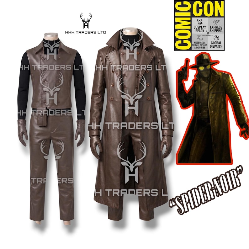 May include: A brown leather costume set including a double-breasted vest, trousers, gloves, and a long trench coat, worn over a black turtleneck. The image features a graphic of a character in a hat and trench coat with the text SPIDER-NOIR.