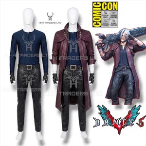 May include: Two mannequins display cosplay outfits. One features a navy blue long-sleeve shirt, black pants, and a belt. The other mannequin wears a burgundy coat over a navy blue shirt and black pants. A third figure is also wearing a cosplay outfit. The image includes "COMIC CON" text.