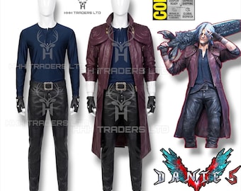 Dante Cosplay Costume Full Set - Devil May Cry 5 - Burgundy Trench Coat, Leather Pants, Henley Shirt, Belt & Gloves - DMC5 Outfit Comic Con