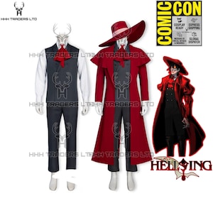 Alucard Cosplay Costume Unisex Full Set Hellsing Vampire Red Trench Coat Fedora Hat Ascot Tie White Gloves Leather Boots Anime Uniform Suit