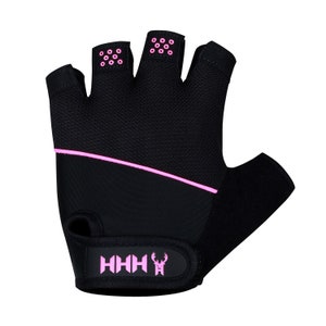 May include: Black weightlifting glove with pink accents. The glove features a pink line across the back and pink dots on the finger tips. The wrist strap has the letters "HHH" and a deer logo in pink.