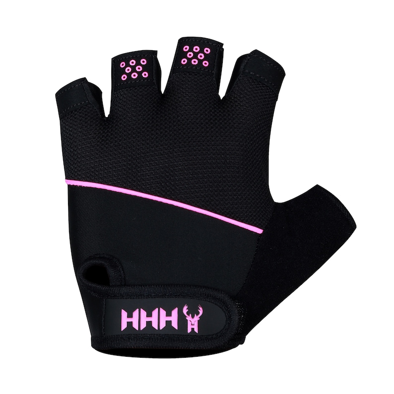 May include: Black weightlifting glove with pink accents. The glove features a pink line across the back and pink dots on the finger tips. The wrist strap has the letters "HHH" and a deer logo in pink.