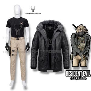 Może przedstawiać: Czarna skórzana kurtka z kapturem obszytym futrem, prezentowana z manekinem w czarnym t-shircie i beżowych spodniach. Grafika Resident Evil i figura w stylu wojskowym są również pokazane.