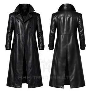 May include: A black double-breasted long coat featuring a wide collar, button closures, and belted cuffs. The front view displays the lapels and buttons, while the back view shows a central vent. The text HHH TRADERS LTD is visible at the bottom.