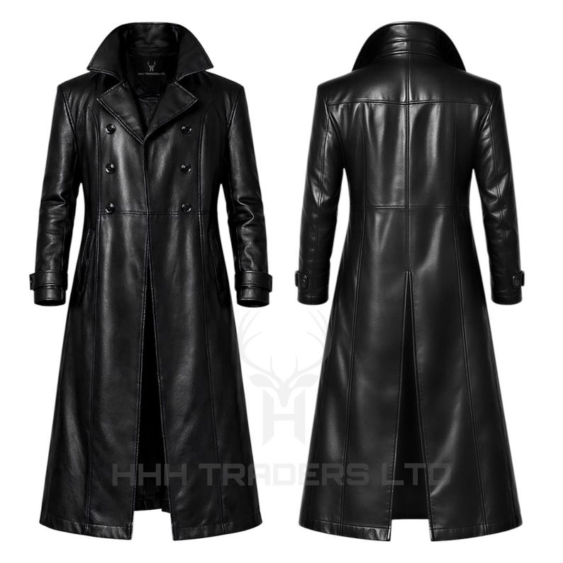 May include: A black double-breasted long coat featuring a wide collar, button closures, and belted cuffs. The front view displays the lapels and buttons, while the back view shows a central vent. The text HHH TRADERS LTD is visible at the bottom.