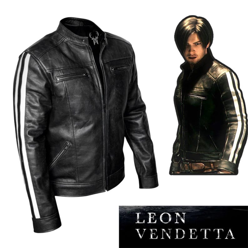 Peut inclure: Veste en cuir noire avec des rayures blanches sur les manches, un col montant et des poches zipp&eacute;es. L'image comprend une personne portant la veste. Le texte "LEON VENDETTA" est affich&eacute; en bas de l'image.