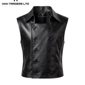 May include: A black sleeveless vest featuring a double-breasted front with eight buttons, a wide collar, and a smooth finish. The interior label displays the text HHH TRADERS LTD, which is also printed above the garment with a deer head logo.