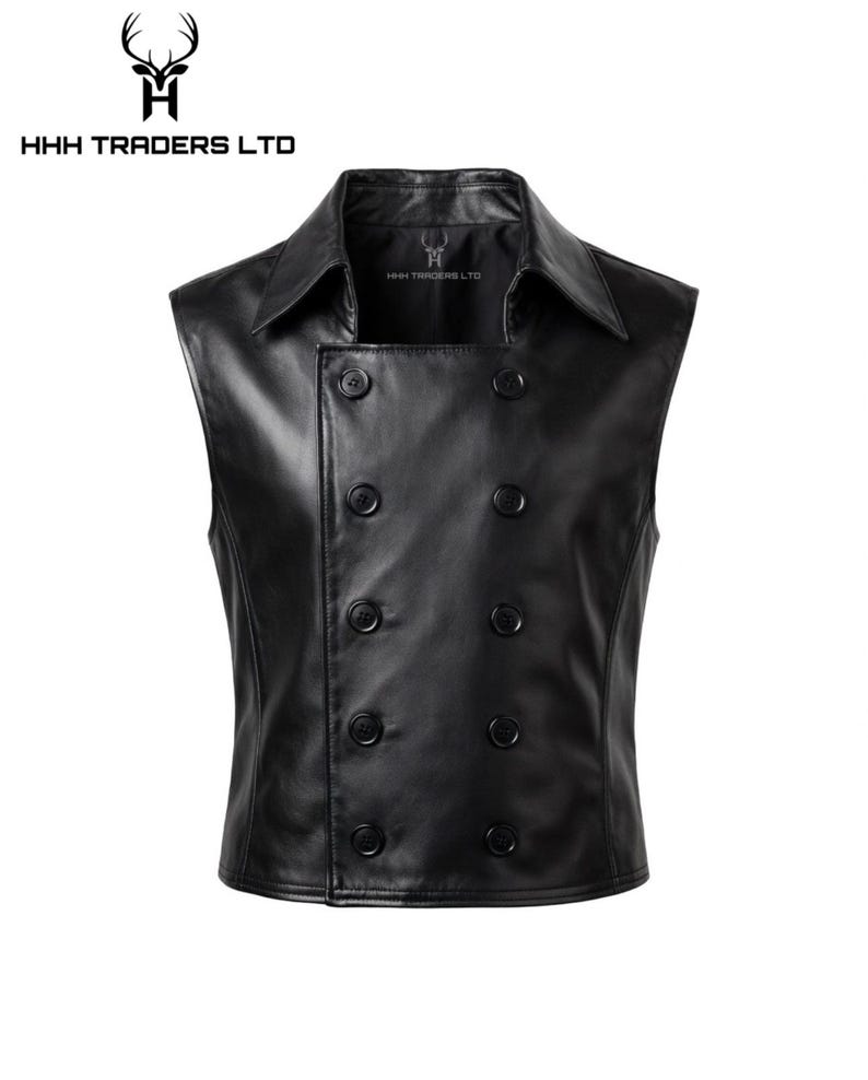 May include: A black sleeveless vest featuring a double-breasted front with eight buttons, a wide collar, and a smooth finish. The interior label displays the text HHH TRADERS LTD, which is also printed above the garment with a deer head logo.