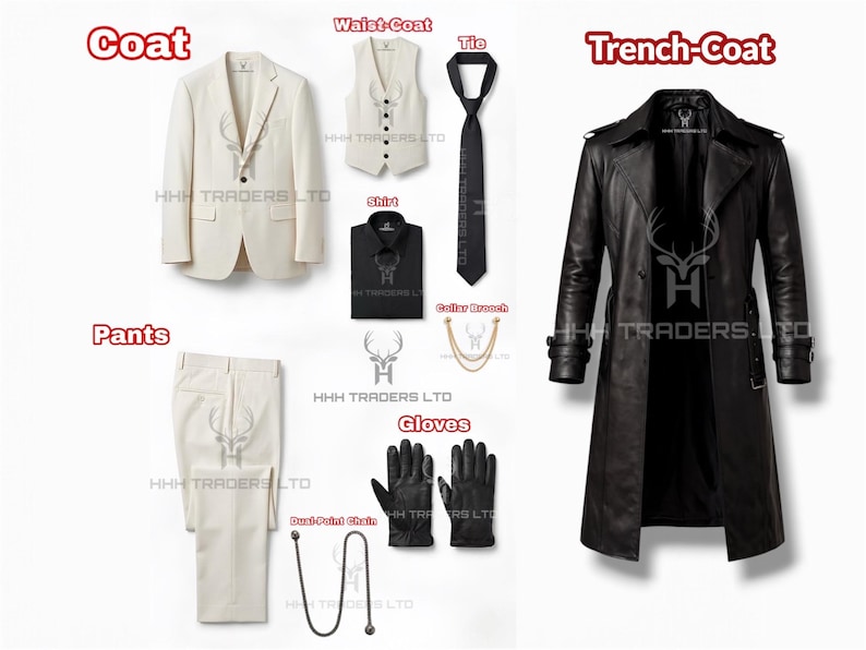 Puede incluir: Una colecci&oacute;n de ropa formal para hombre, que incluye un traje color crema, corbata negra, camisa negra y abrigo largo de cuero negro. Accesorios: guantes negros y cadena de cuello dorada. Tambi&eacute;n un chaleco y pantalones color crema.